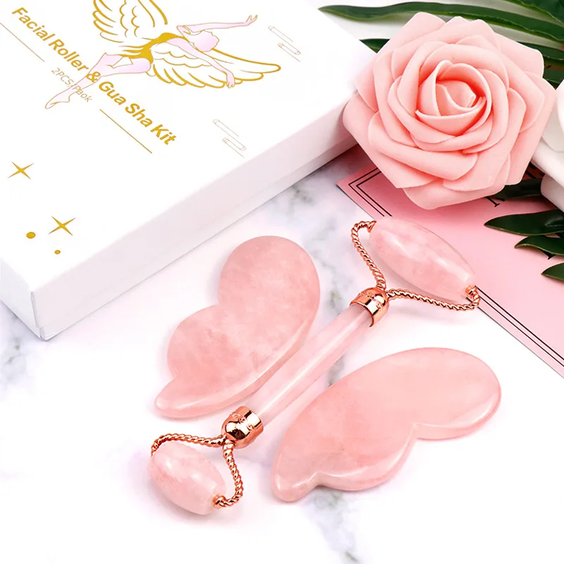 Jade Roller and Gua Sha Set Rose Quartz Face Roller & Gua Sha Set For Skincare,Under Eye Bags,Puffy Eyes and Face Massager