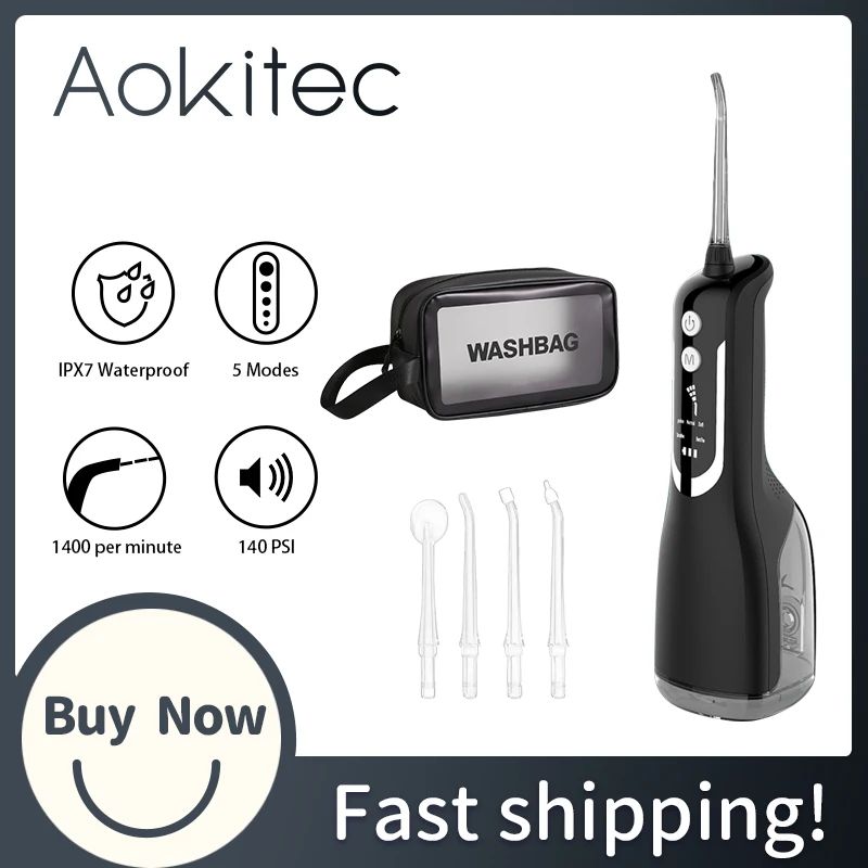 

Aokitec USB Rechargeable Water Flosser Oral Dental Irrigator Portable 5 Modes 200ML Tank Water Jet Waterproof IPX7 Long Working