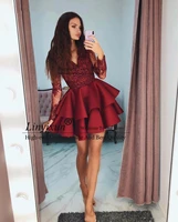 tiered ruffles burgundy satin short homecomig dresses modest sheer long sleeves formal prom gowns appliques lace 8th grade dress