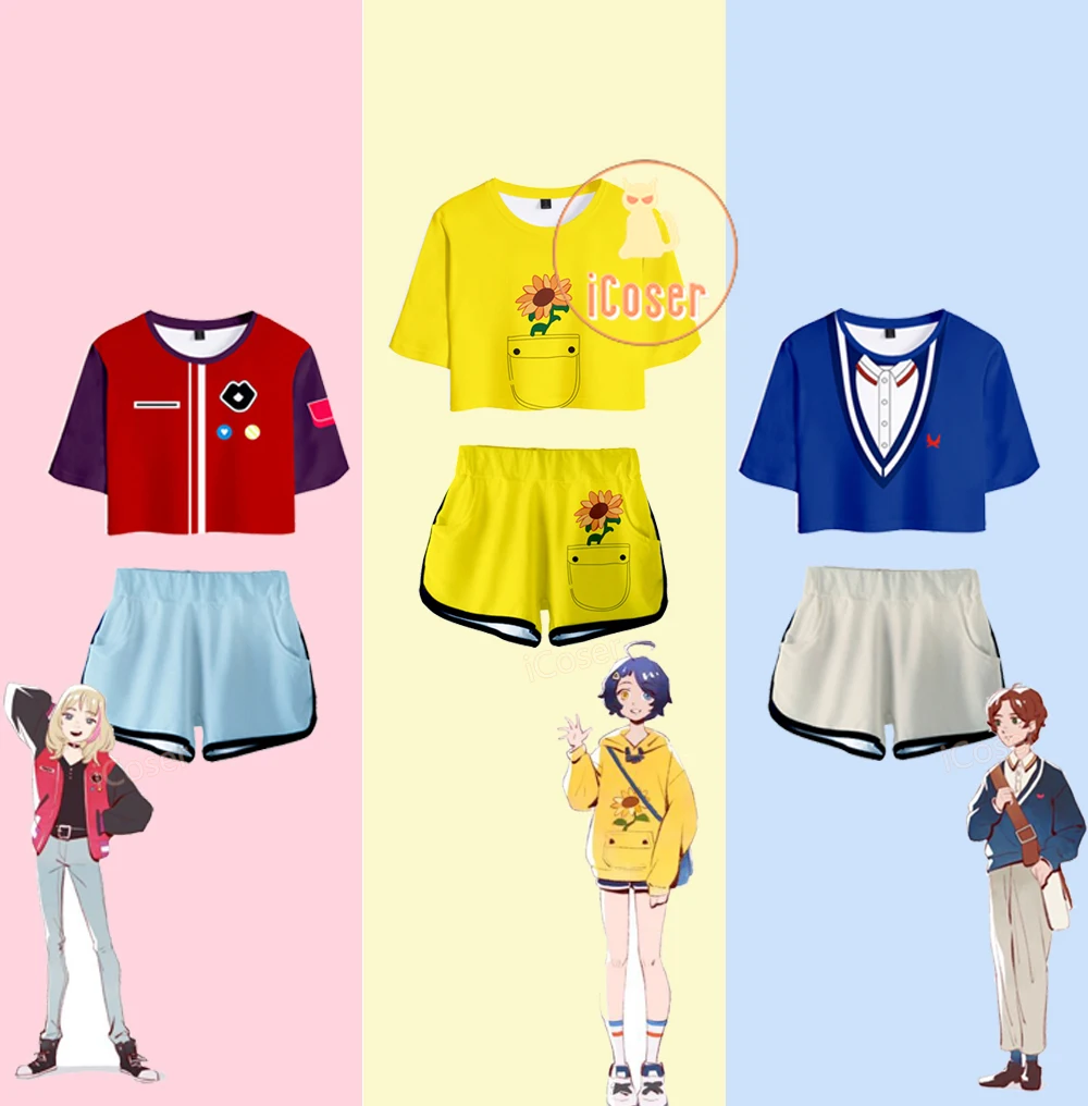 

Anime Wonder Egg Priority Ohto Ai Cosplay Costume Kawai Rika Crop Top Aonuma Neiru Tee Momoe Sawaki Shorts Summer Women Girls