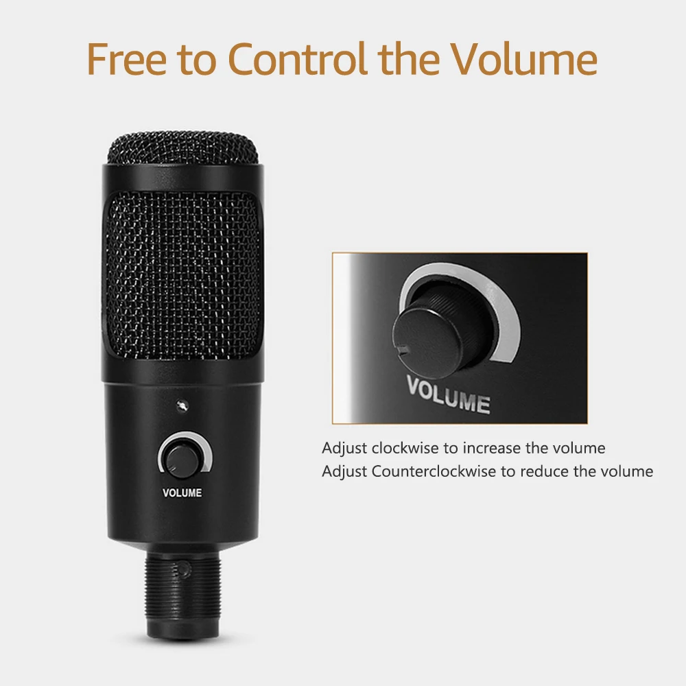 USB конденсаторный микрофон Plug and Play компьютерный с регулятором громкости для