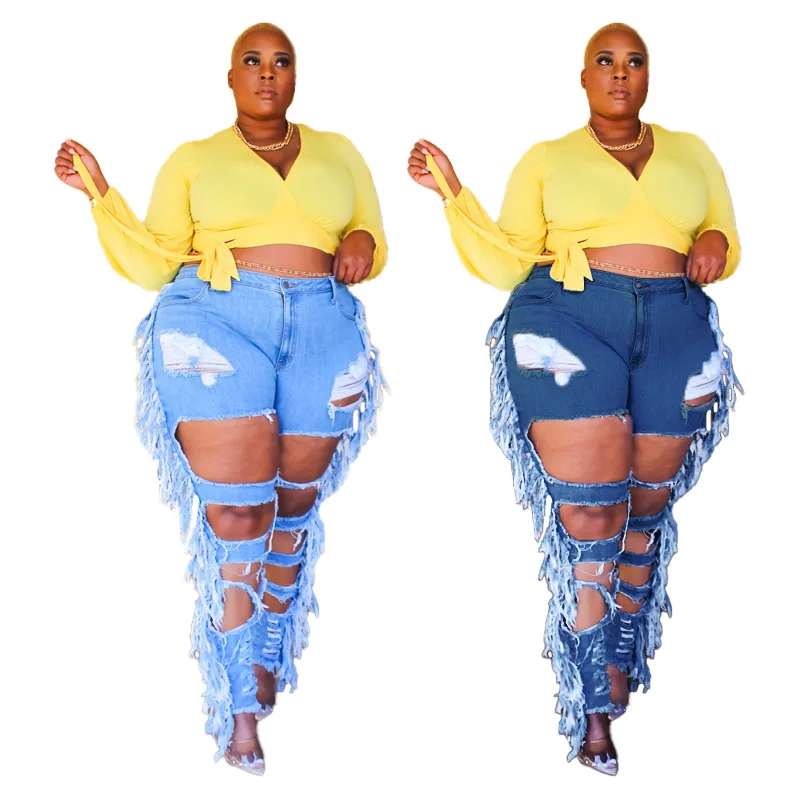 

New high-street washed beggar hole, both sides, personalized tassels, trendy plus size women's jeans
