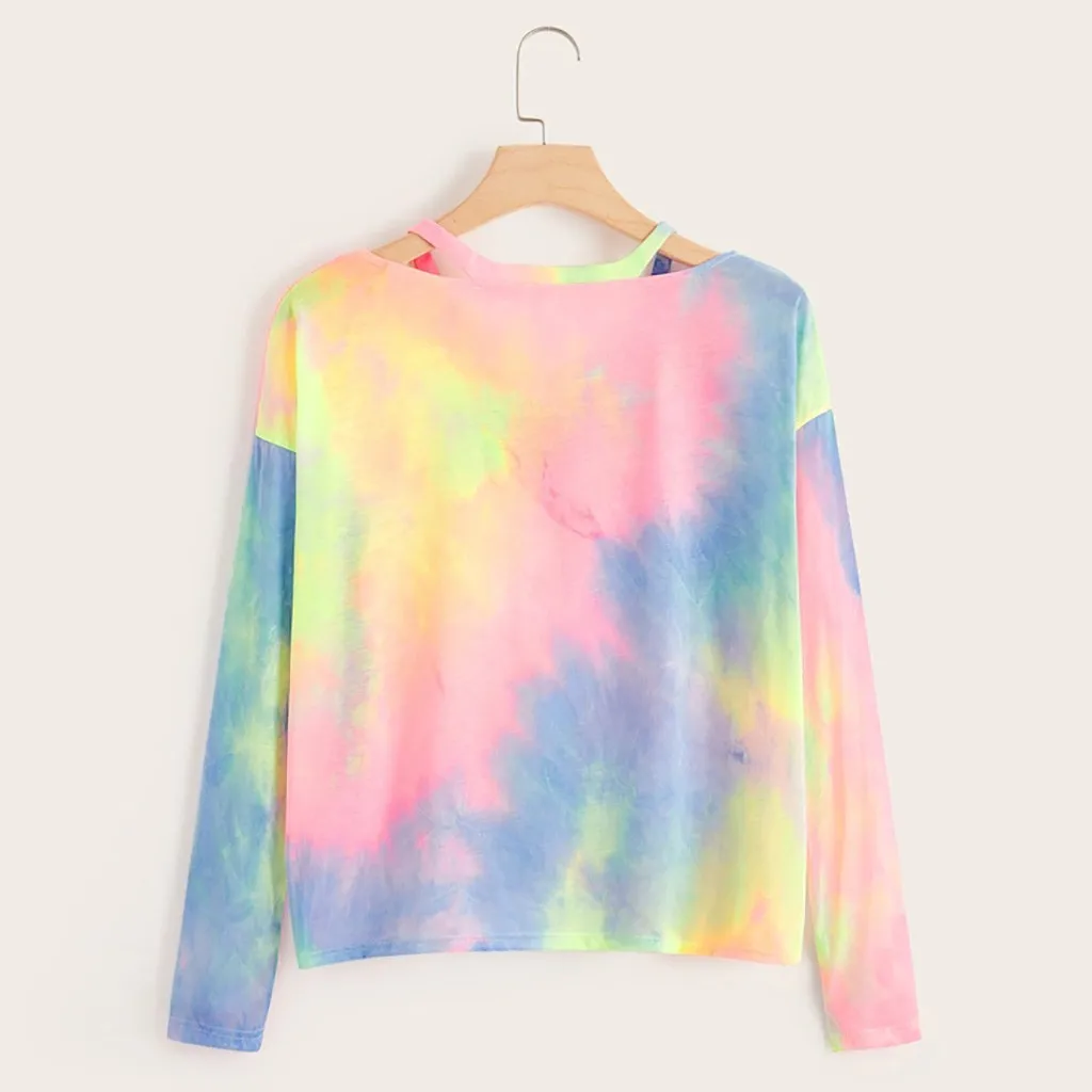 Женские Градиент контрастного Цвет Толстовка с принтом топ длинными рукавами