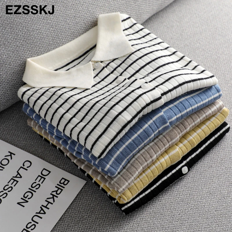 Осенне-весенний Полосатый Тонкий вязаный укороченный свитер пуловеры для женщин