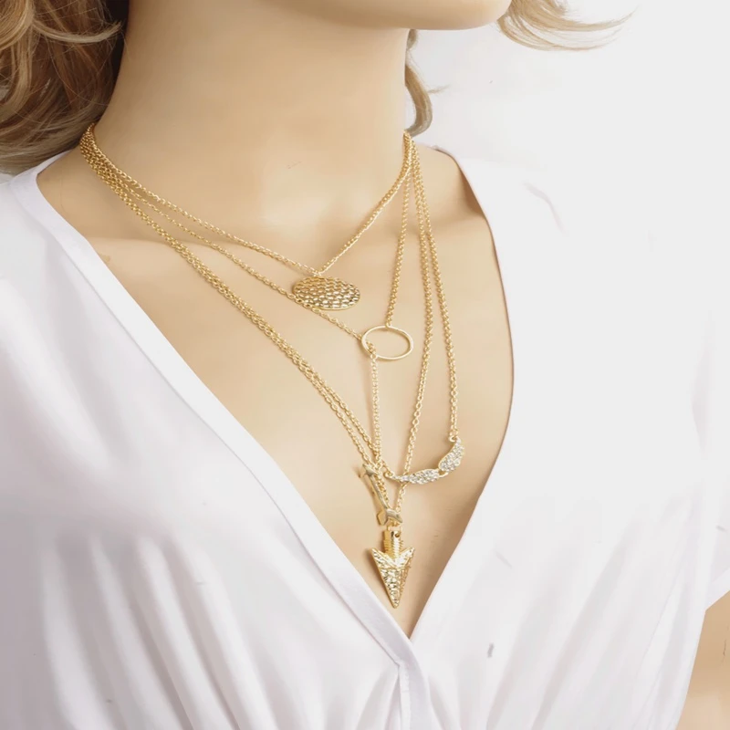 

New Fashion Lady Necklace Angel Wing Arrow Fish Scale Pendant Multilayer Exaggerated Personality Lady Necklace