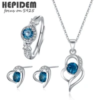 hepidem 100 really topaz 925 sterling silver necklace rings earrings 2021 women korean natural blue s925 fine jewelry set h006