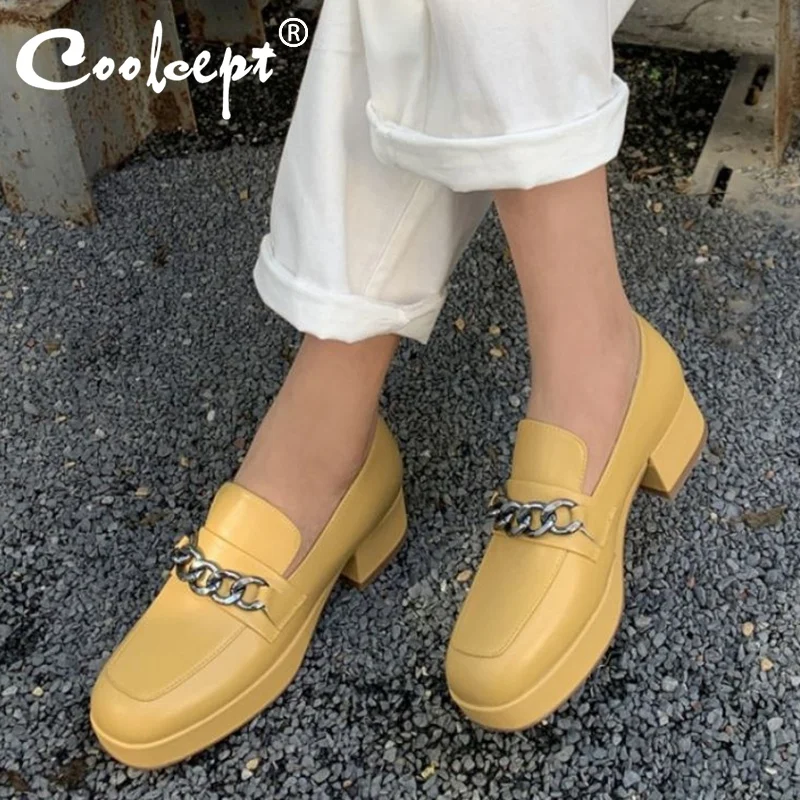 

Coolcept/женские туфли на высоком каблуке, новые женские туфли-лодочки из натуральной кожи с квадратным носком и металлическими цепочками; Женс...
