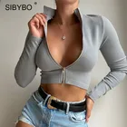 Женские футболки на молнии Sibybo, черные топы с длинным рукавом и воротником-стойкой, 2021