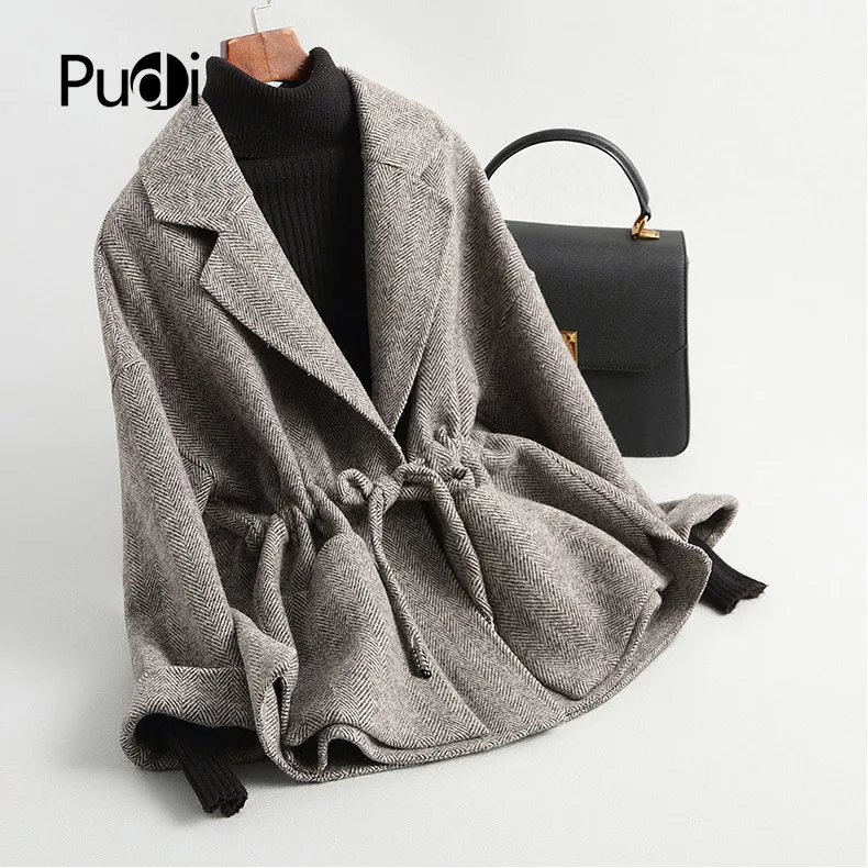 PUDI RO18101 Женская Осенняя зимняя новая шерстяная куртка в елочку с длинным стильным карманом пальто для отдыха