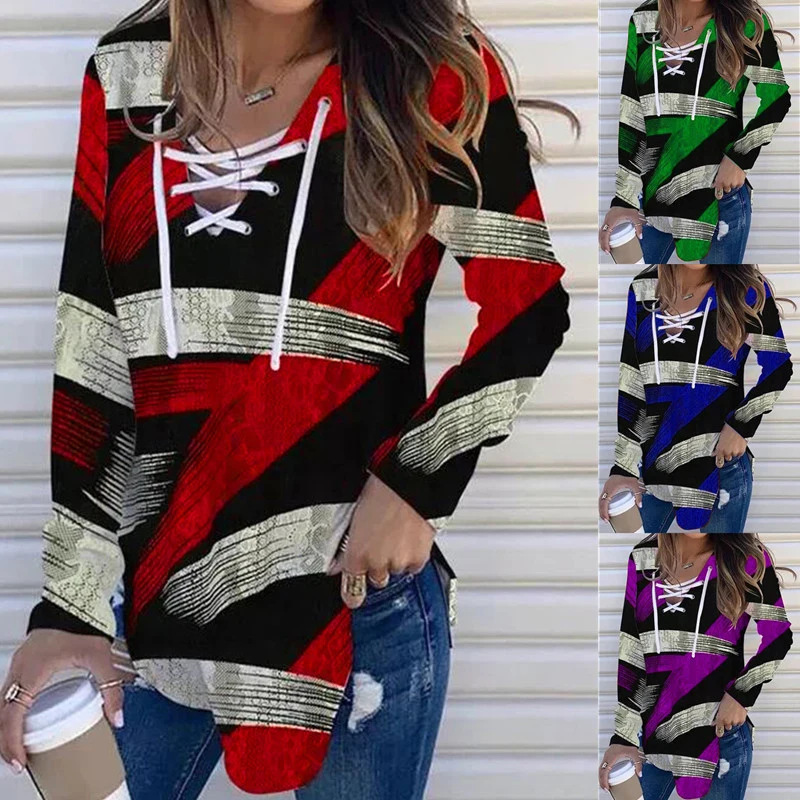 

Spring And Autumn New Women's Fashion V Neck Long Sleeve Prnt T Shirt 2021 Casual Street Slim Drawstring Ladies Tops T Shirt