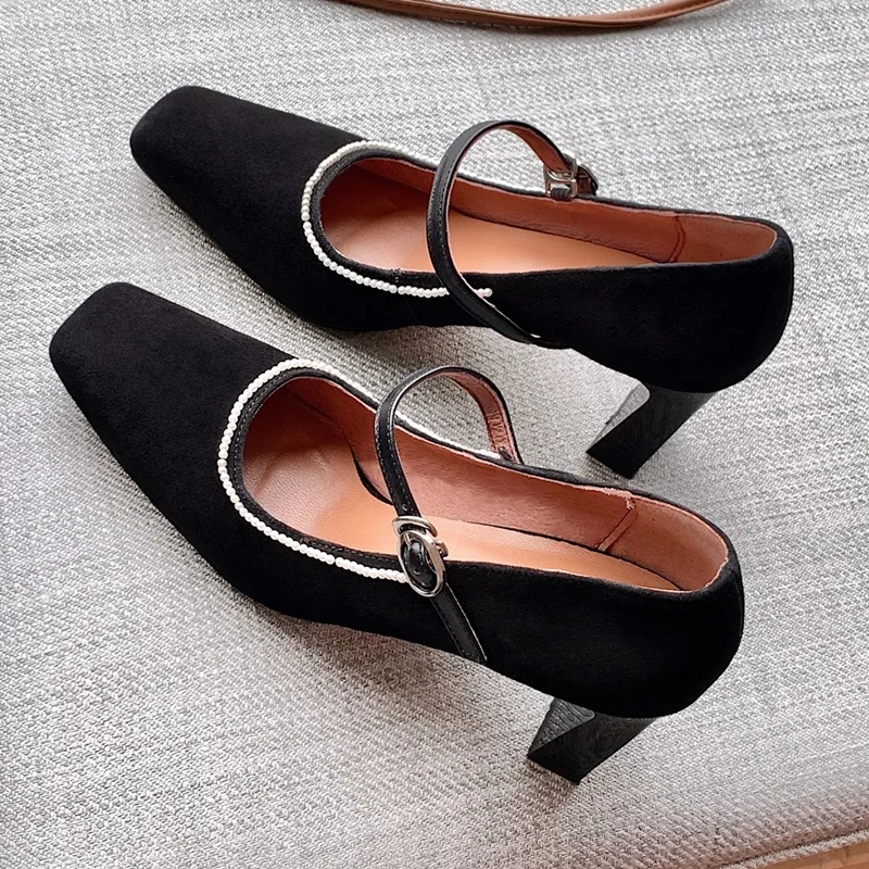 

Women Pumps Vintage Dance Shoes High Quality Buckle Thick High Heels Party Shoes Square Toe Black Dress Working Shoes Woman 40