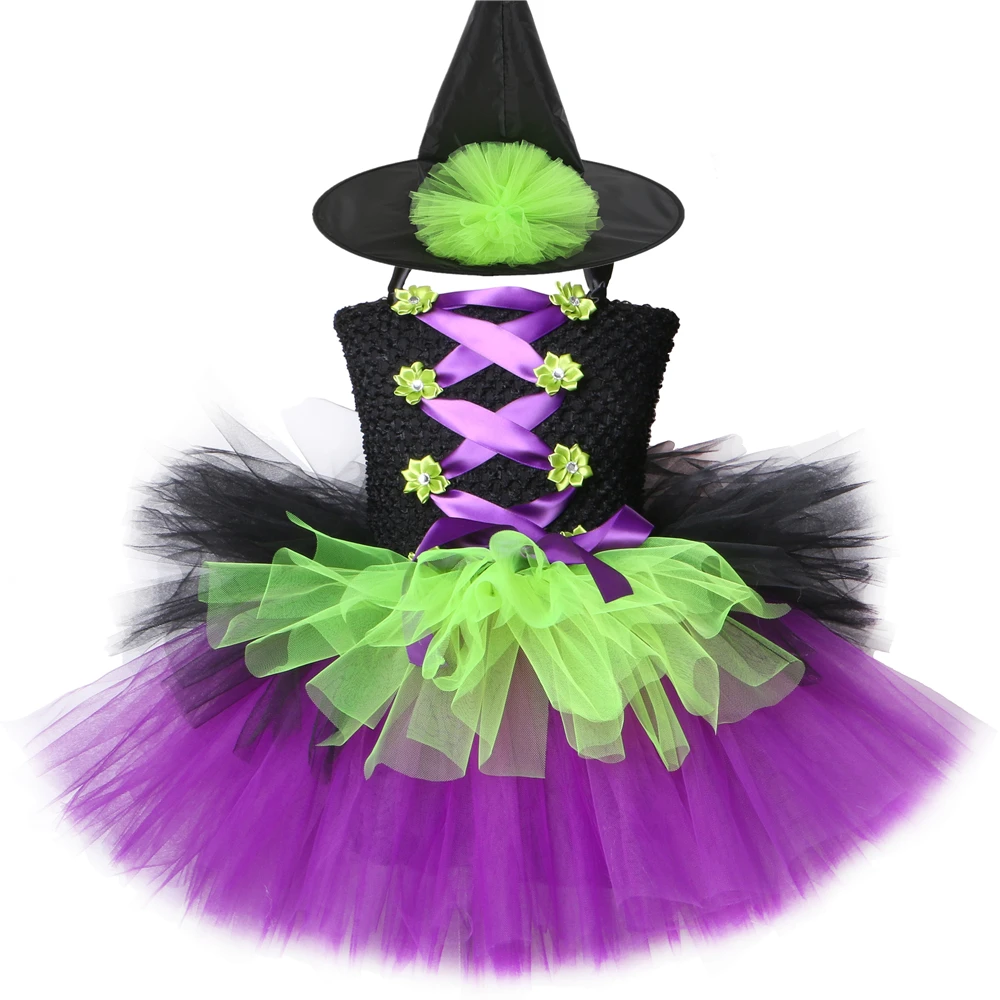 Платье-пачка для девочки с ведьмой и шляпой черное фиолетовое зеленое детское