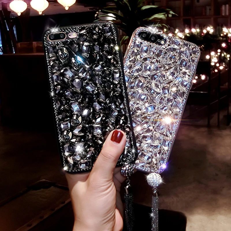 

Bling Crystal Black Diamond Pendant Case for Huawei Y9A Y7A Y8P Y7P Y9S Y8S Y6P Y5P Y9 Y7 Prime 2019 Y6 Pro Y5 Rhinestone Cover
