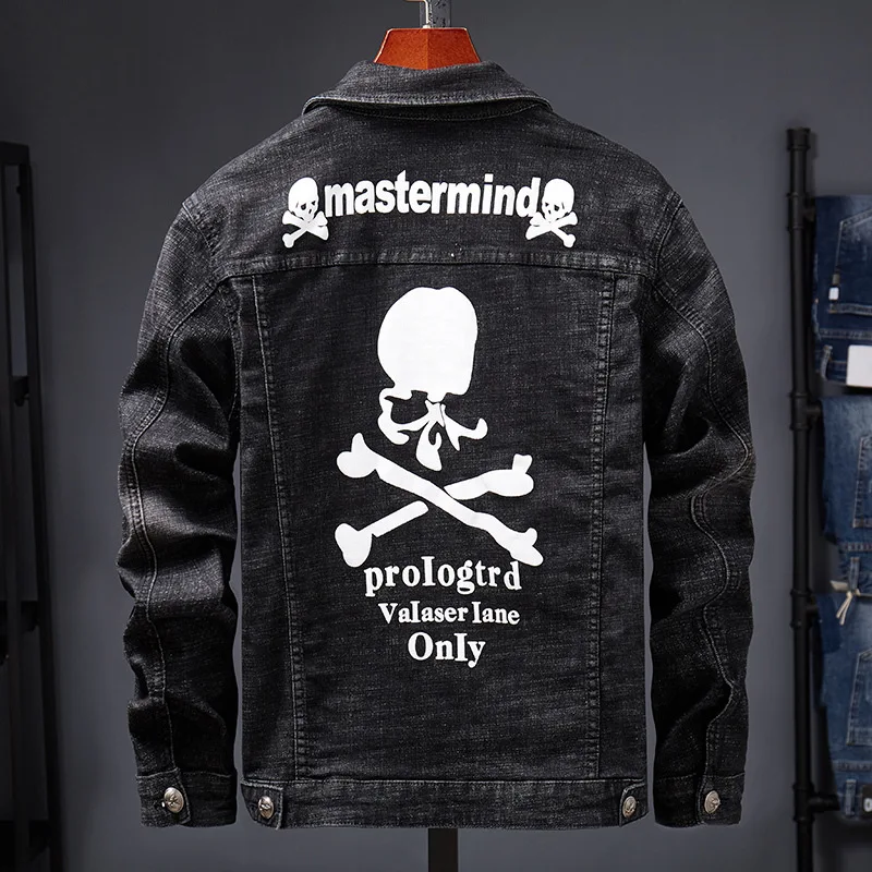 

Black Denim Jacket Skull Pattern Lapel Long Sleeve Ripped Single Breasted Personality Fashion Spring Autumn Male Coat