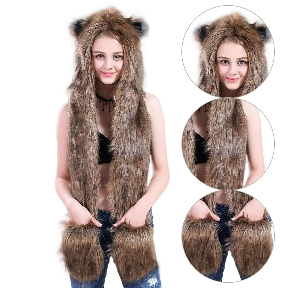 Шапка из искусственного меха с капюшоном и мультяшным животным варежки ушками