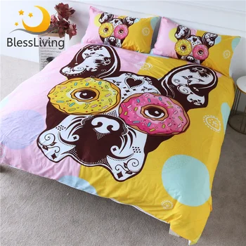 BlessLiving Cartoon Bedding Set Hippie Bulldog Duvet Cover Set Animal Kids Bed Cover Pink Yellow Donut Bedspreads King 3pcs 1
