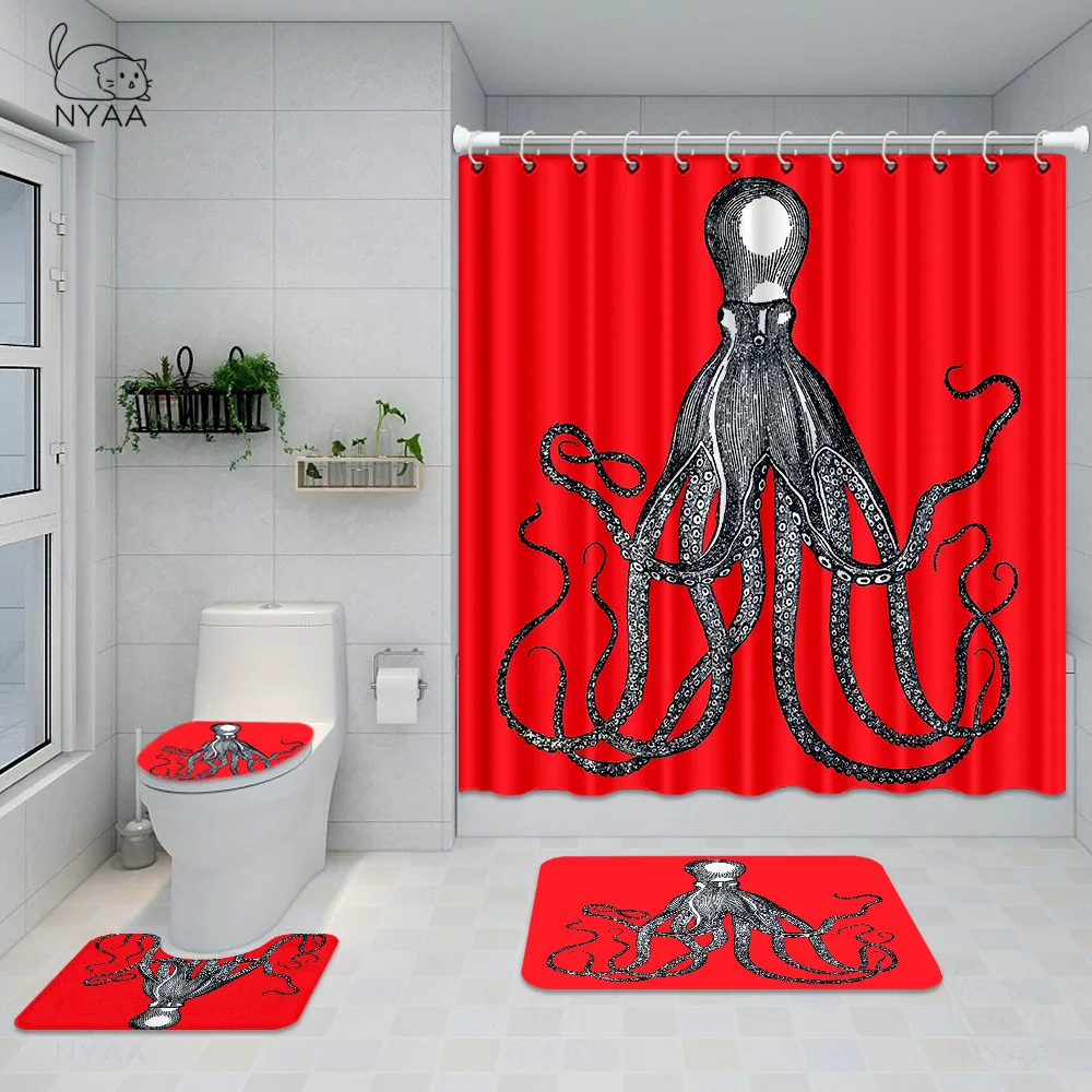 Trendy Aqua Navy Red Octopus Shower Curtain Set Beautiful Deep Sea Bath Curtains For Bathroom Bat Mats Rugs Home Decor | Дом и сад