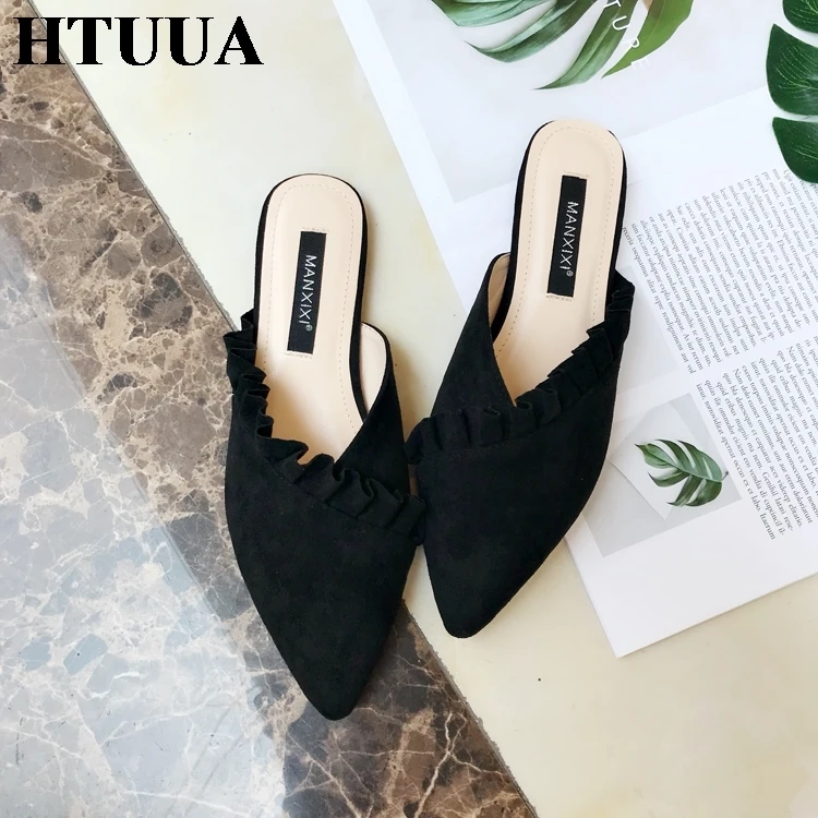 HTUUA/высококачественные Мягкие Шлепанцы из флока; женские туфли без задника; сезон весна-лето-осень; женская обувь; шлепанцы на плоской подошве; SX1311
