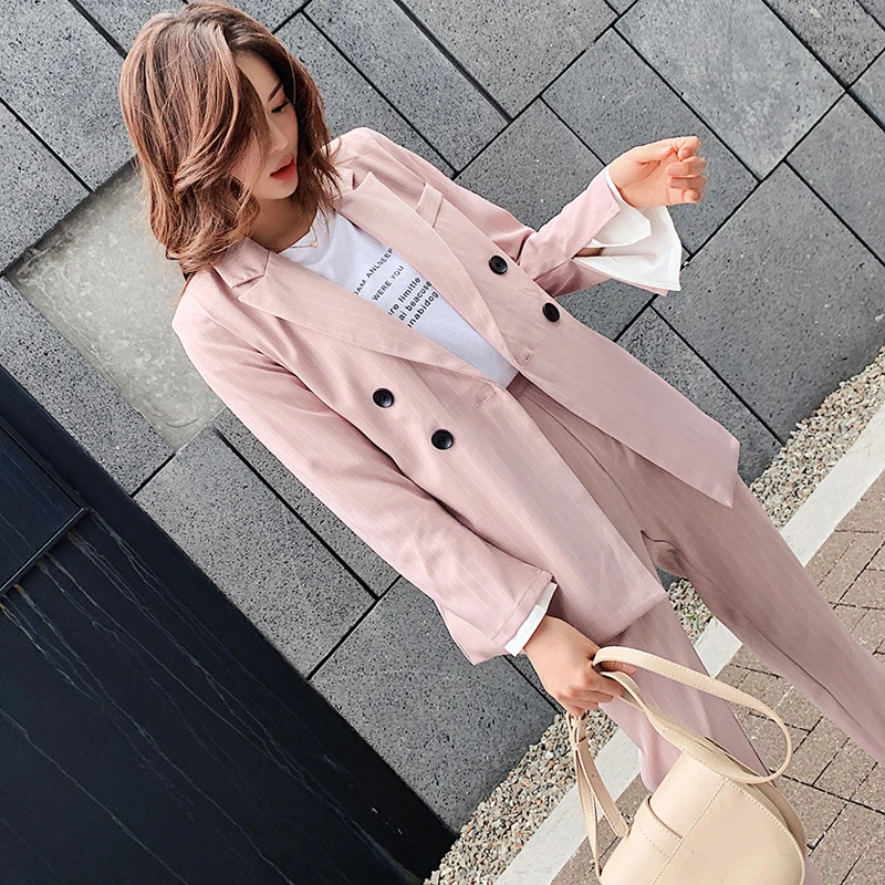 KINOMI двубортный полосатый Женский блейзер костюм комплект с длинным рукавом
