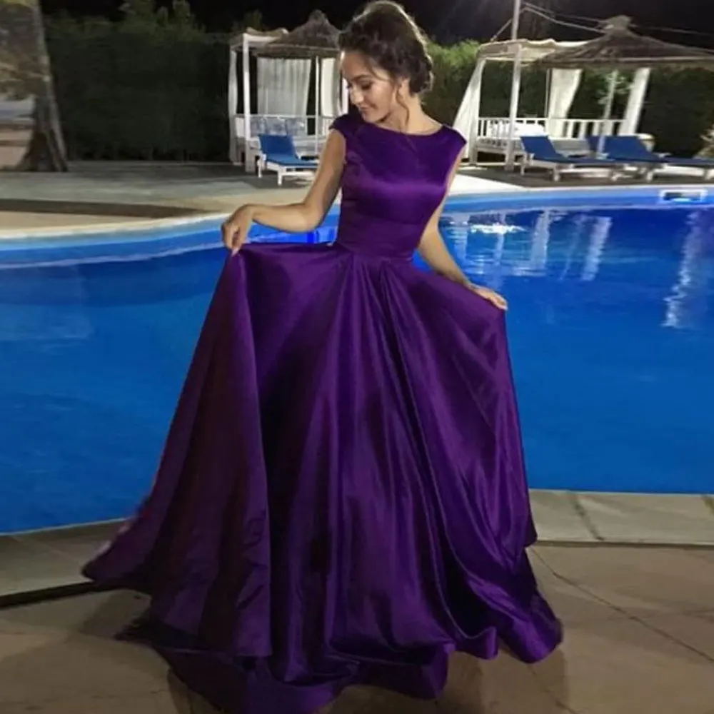 

A-line Jewel Poretrait Sweep/Brush Floor length Banbage Sleeveless Open back Purple Evening Dresses high quality Fashion