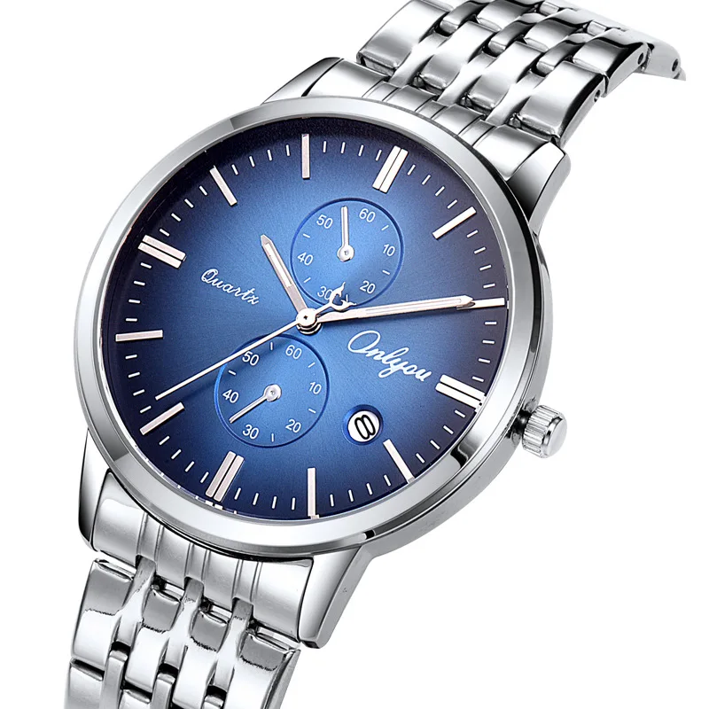 ONLYOU мужские повседневные часы с двумя глазами маленькие три игла из нержавеющей