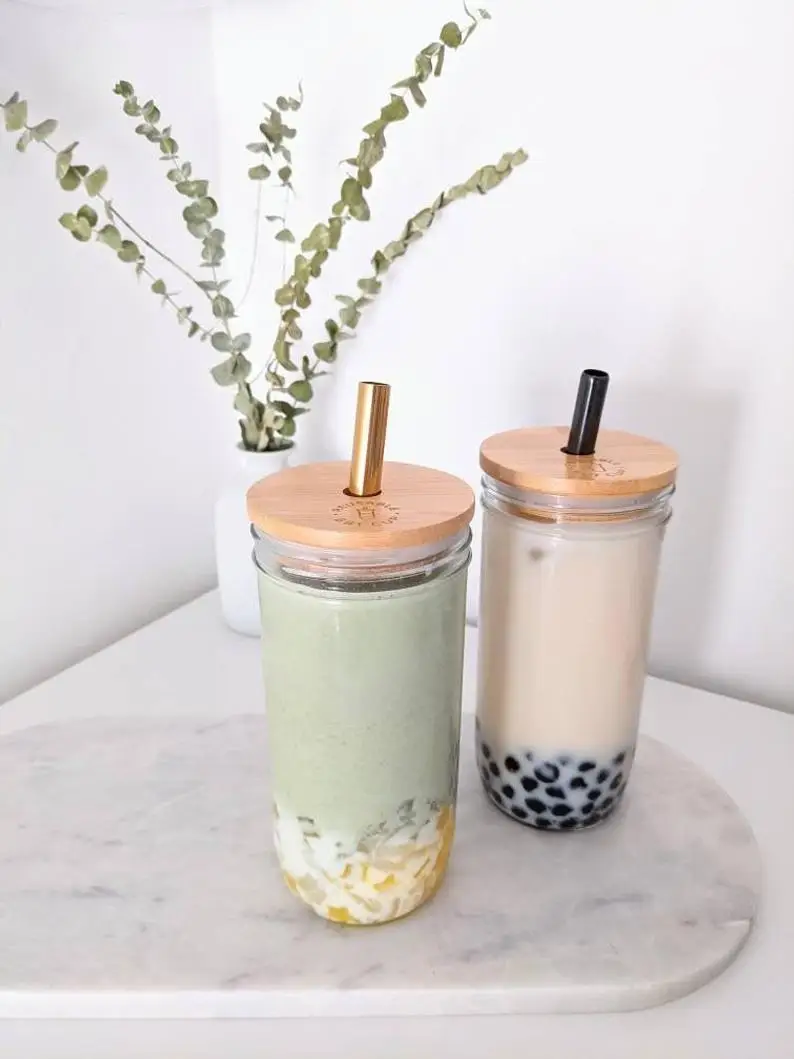 

In stock Reusable Bubble Tea Cup with Bamboo Lid, Bubble Tea and Smoothie Straw