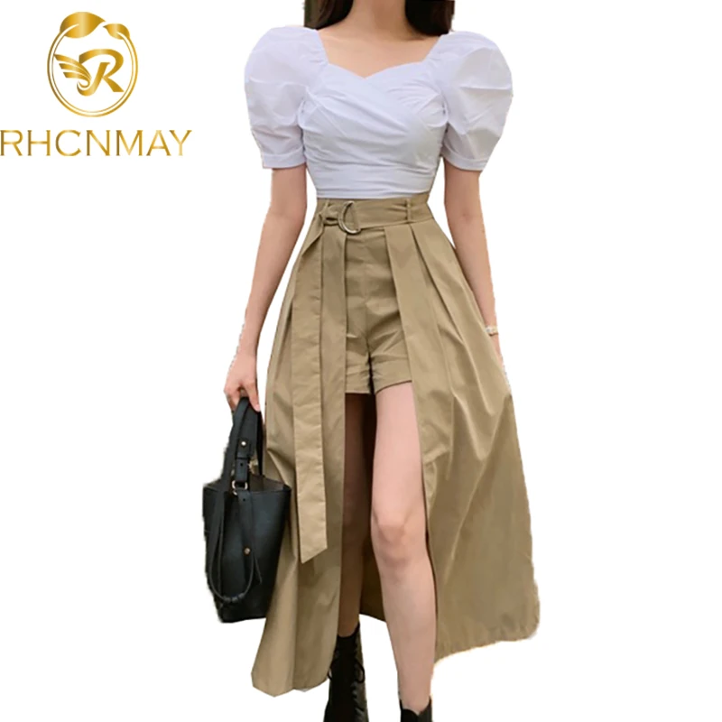 

Женский комплект из двух предметов, элегантная белая блузка с пышными рукавами и длинная юбка с высокой талией, лето 2020