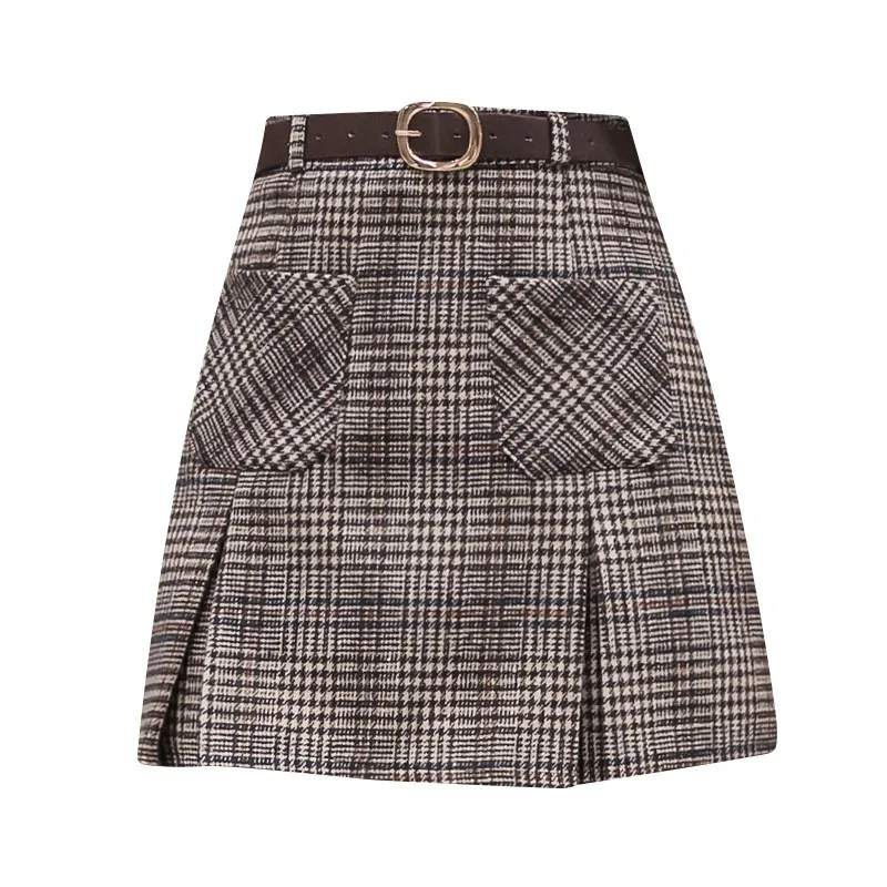 

Women Woolen Blends High Waist Plaid Skirt Vintage Sexy Mini A Line Skirts Ladies Casual Slim Fit Wrap Skirt WIth Safety Bottom