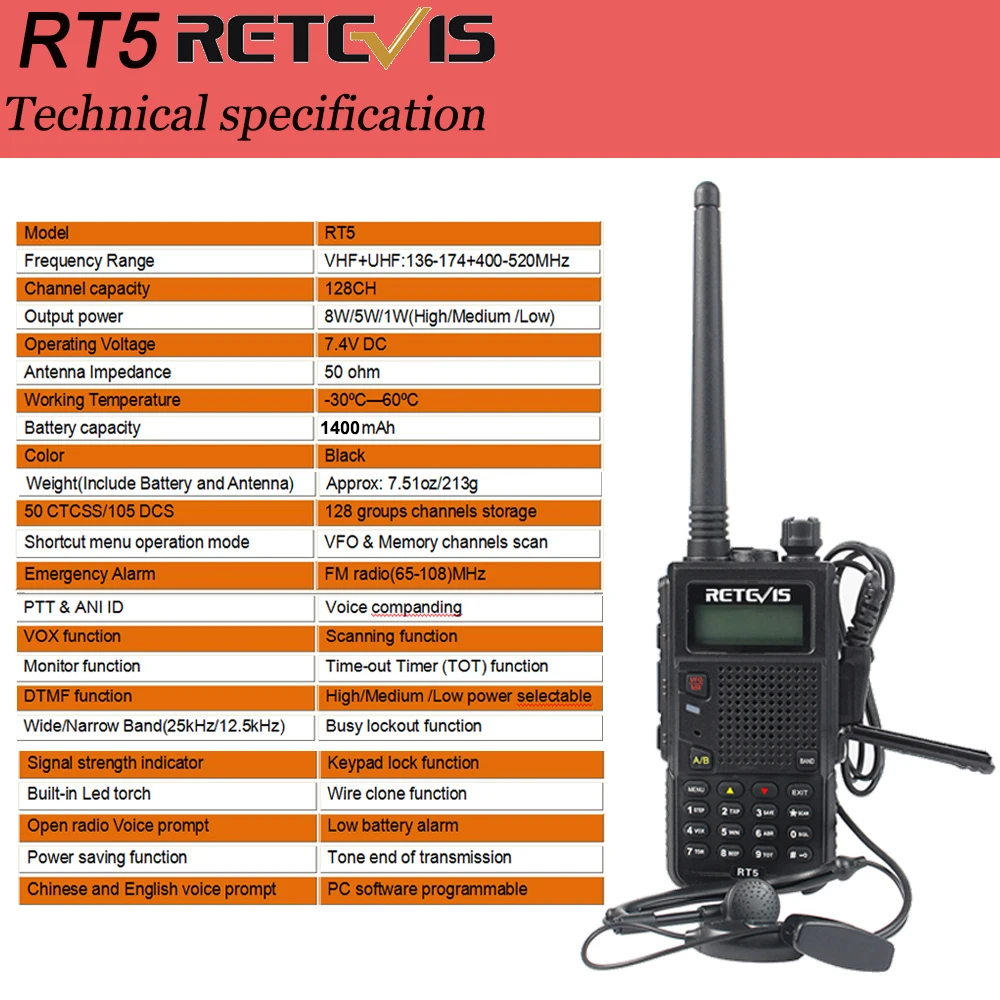 Retevis RT5 Walkie Talkie Ham Two-way Radio 7W 128CH VHF UHF Dual Band VOX FM Amateur Radio Station Communicator Transceiver