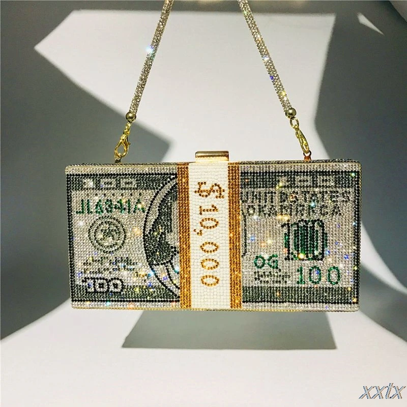 

Money Clutch Rhinestone Purse 10000 Dollars Stack of Cash Evening Handbags Shoulder Wedding Dinner Bag 8Color Diamond dollar bag