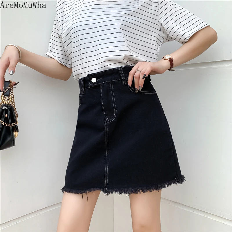 

AreMoMuWha Summer Korean High Waist A Word Denim Skirt Female Raw Edge Ins Super Fire Pack Hip Skirt Skirt Tide Solid ColorMH441