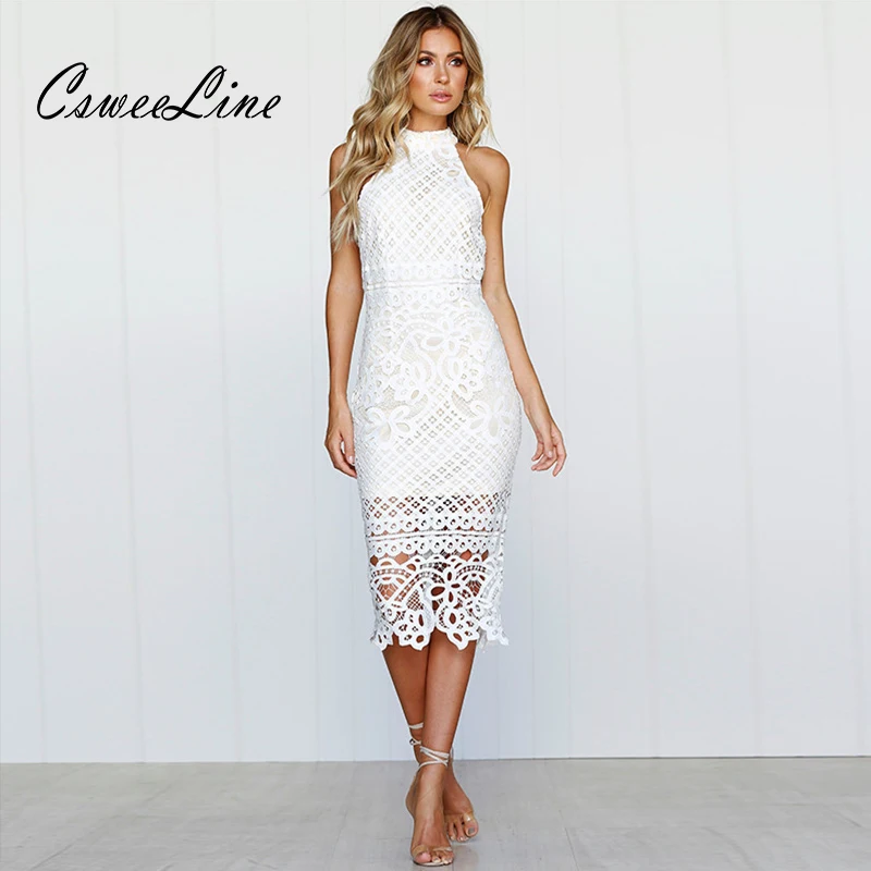 Женское ажурное кружевное платье без рукавов пикантное элегантное белое миди с