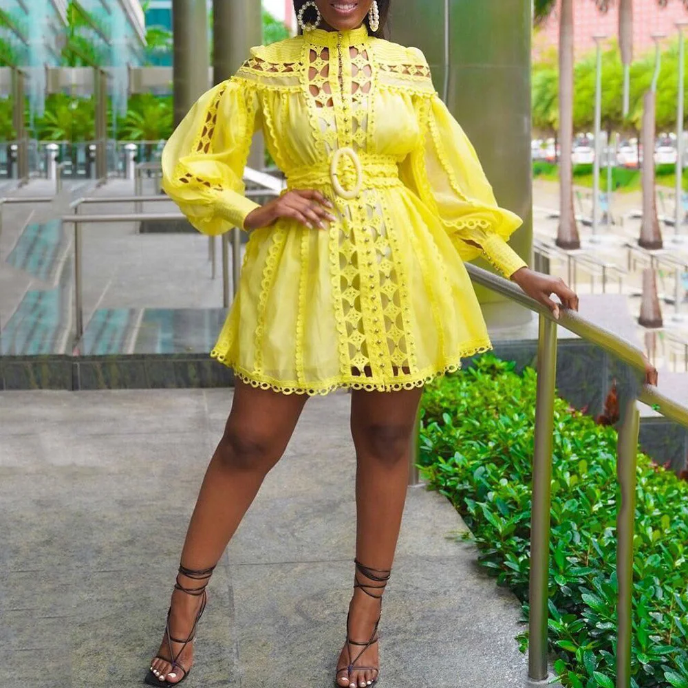 

African Dresses Women Fashion New Africa Yellow Lace Lantern Sleeve A Line Mini Elegant Evening Night Club Wear Dress No Belt