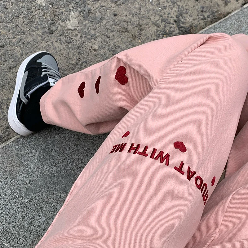 

Pink Pants Women Love Embroidery Korean Style Loose Straight High Waist Wide Leg Jeans for Sweet Girls Women Clothing