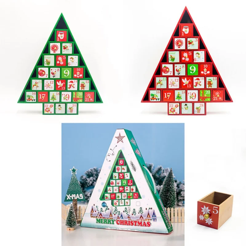

Christmas Gift Decorative Ornament Toy Table Wooden Christmas Decor Calendar 24 Drawers Countdown Tree Shape Storage Box