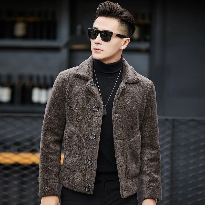 Winter Mens 100% Wool Shearling Jacket Warm Suede Leather 5XL Overcoat Single Breasted Short Real Lamb Fur Coat | Мужская одежда