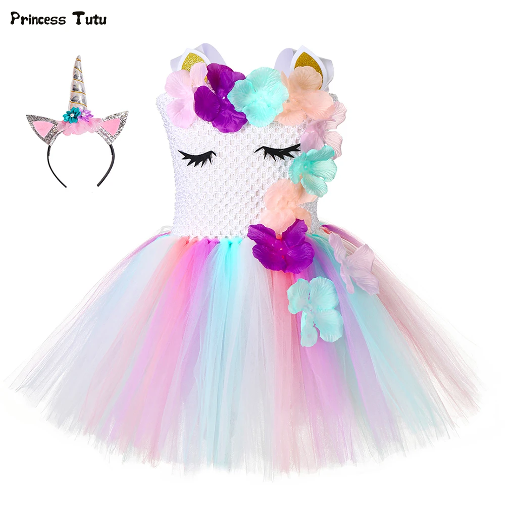 Платье-пачка для девочек с цветами единорогом наряд пастельный детвечерние на