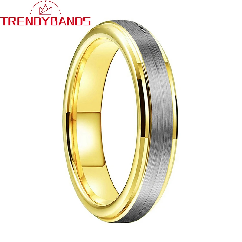 

4mm Gold Wedding Band Mens Womens Tungsten Carbide Ring Brushed Finish Beveled Stepped Edges