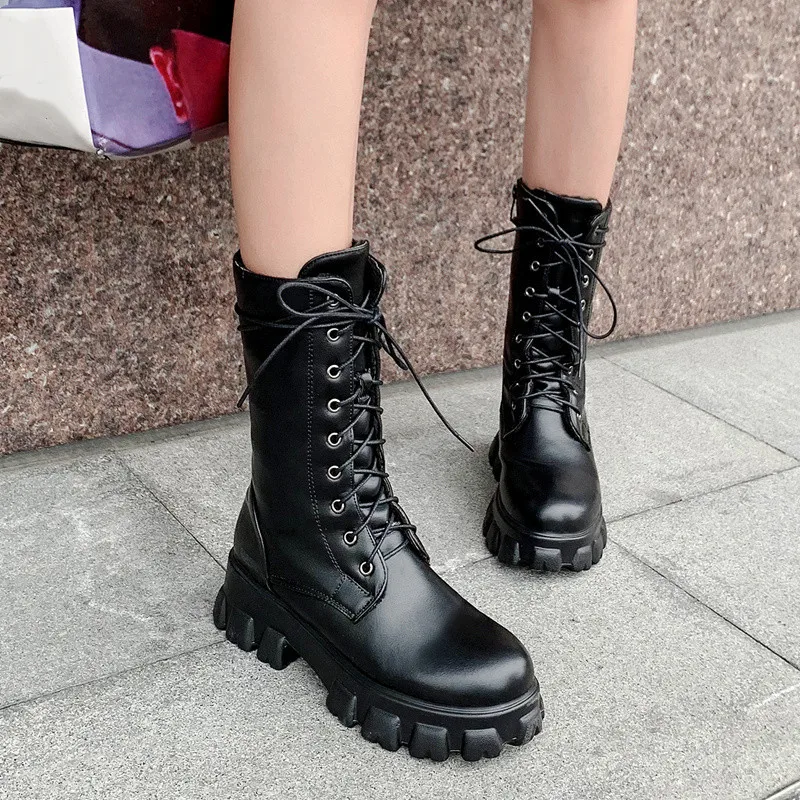 YMECHIC 2019 Fashion White Black Lace Up Faux Leather Boots Women Mid Calf Platform Gothic Sport Ladies Shoes Sneakers | Обувь