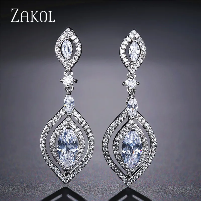 Классические серьги подвески ZAKOL с фианитом в виде маркиза полые длинные висячие