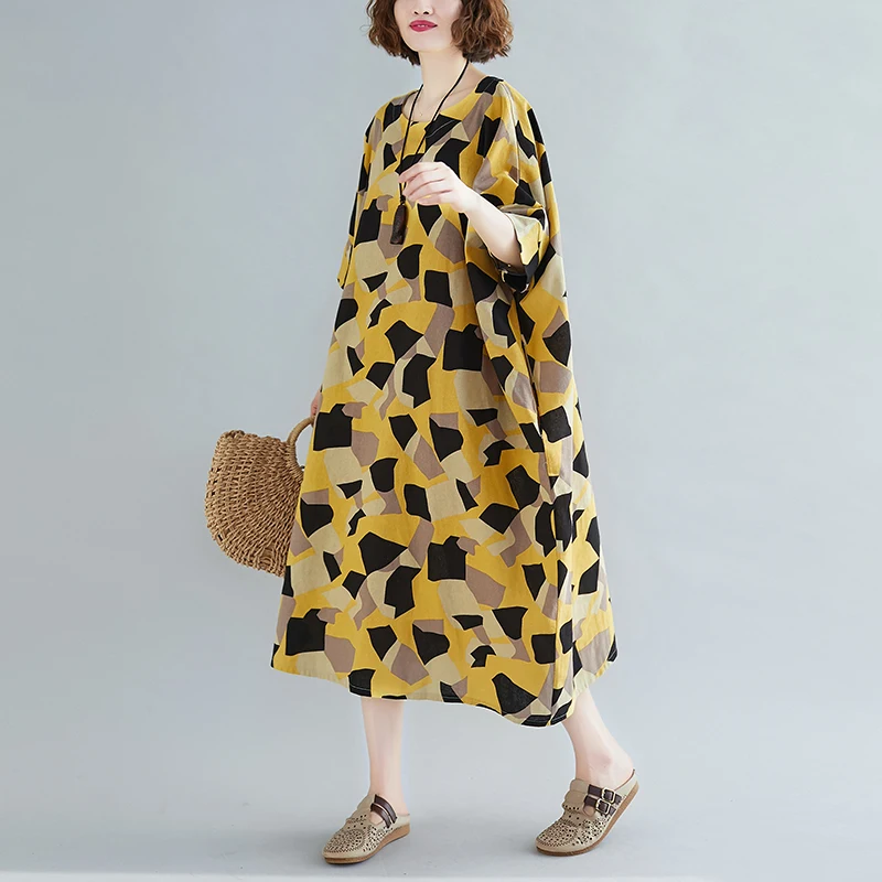 Клетчатое хлопковое желтое платье большого размера плюс 2020 летние женские
