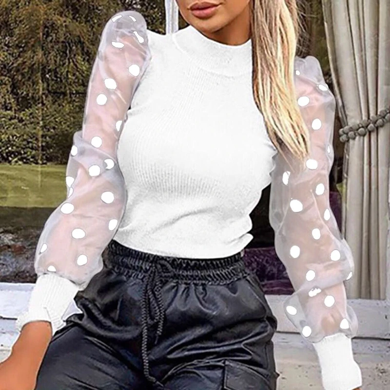 Женская водолазка Тюлевая рубашка с длинными рукавами-фонариками женские