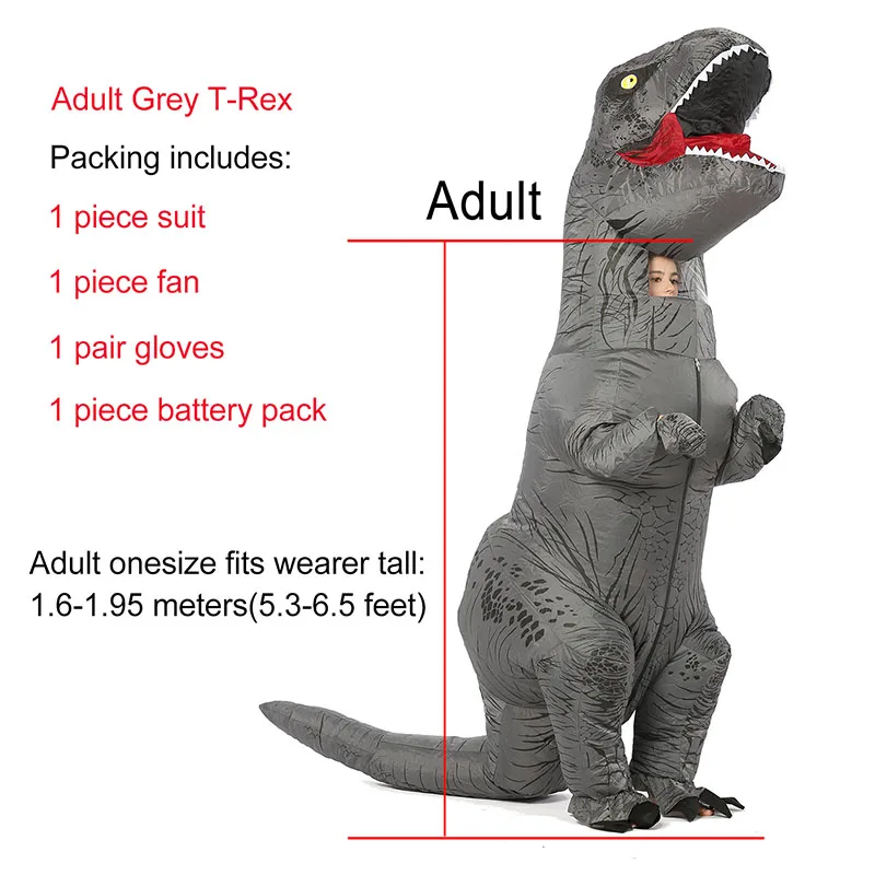 Adult Grey T-rex JYZCOS взрослый T REX надувной костюм динозавра Хэллоуин партии Косплей Костюм для женщин мужчин детей Карнавальный костюм - Цвет: Adult Grey T-rex