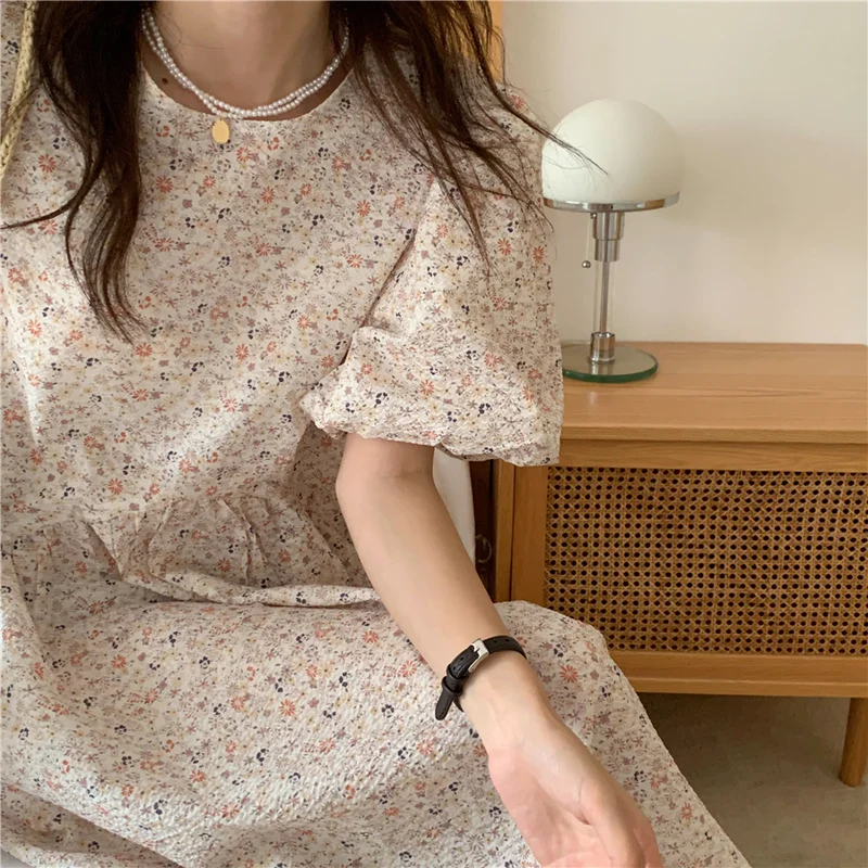 

French Elegant Women Dresses Back Hollow Straps Simple Korean Chic Dress Puff Sleeve Loose Floral Dress Vestido Feminino 15192