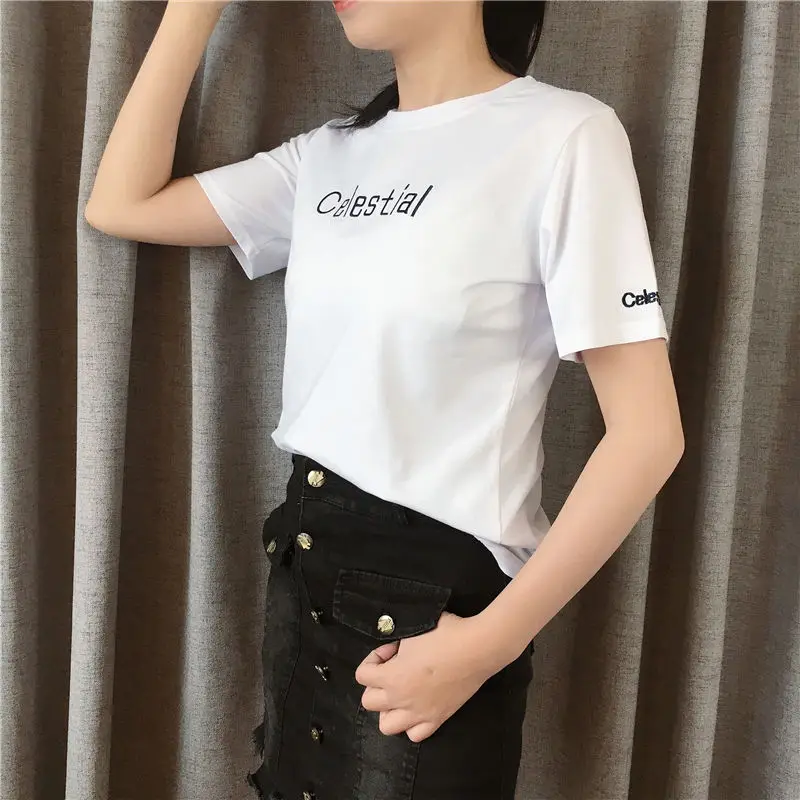 

O-neck Cotton Tshirts 2021 New Fashion Summer Short Sleeved T Shirt Women Embroidery Letter Loose Oversize Casual T-shirt Tops
