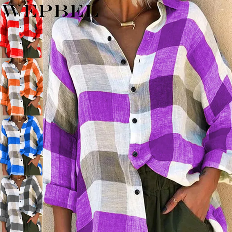 

Mandylandy для женщин Модный комплект одинаковой Цвет с длинным рукавом свободного кроя, отложной воротник, рубашка в клетку, S-5XL