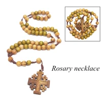 trendy current cross jesus rosary necklace pendant for men woman choker wooden long beaded chain commemorative fashion gifts