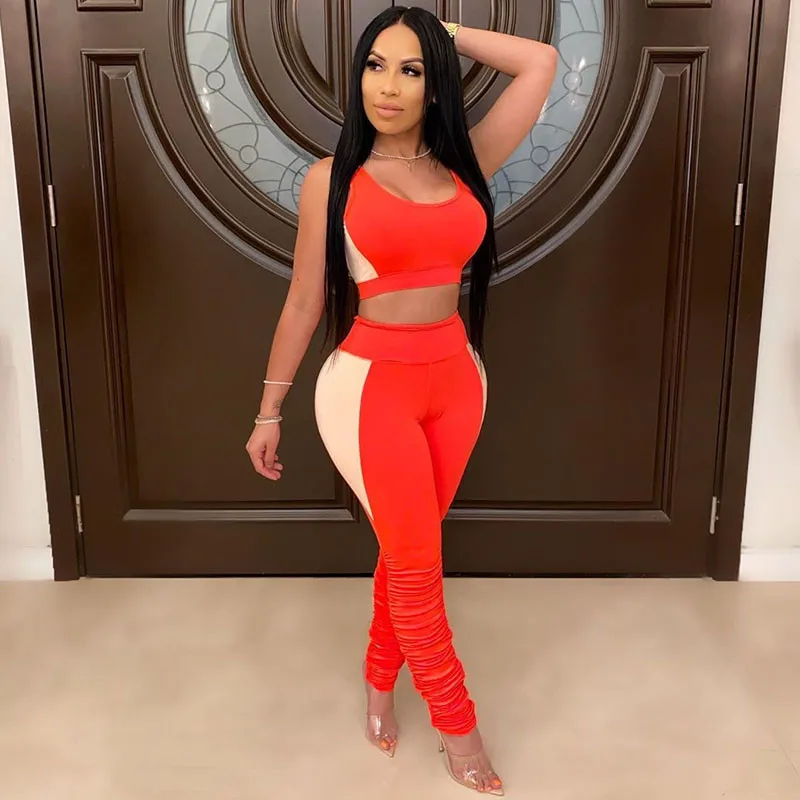 

Casual Sporty Active Wear Matching Sets for Women 2020 Sleeveless Workout Bodycon 2 Piece Outfits Skinny Crop Top and Pants Sets