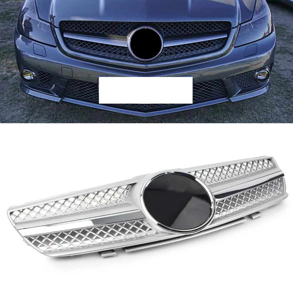 

Car Front Grille 1 Fin AMG Stylin Mesh Grill w/ Emblem For Mercedes Benz SL63 SL550 R230 2003 2004 2005 2006 2007 Silver ABS
