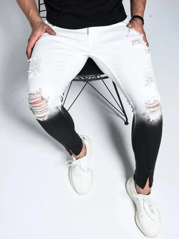 

2021 men stretch feet tight jeans teenagers gradient ripped jeans